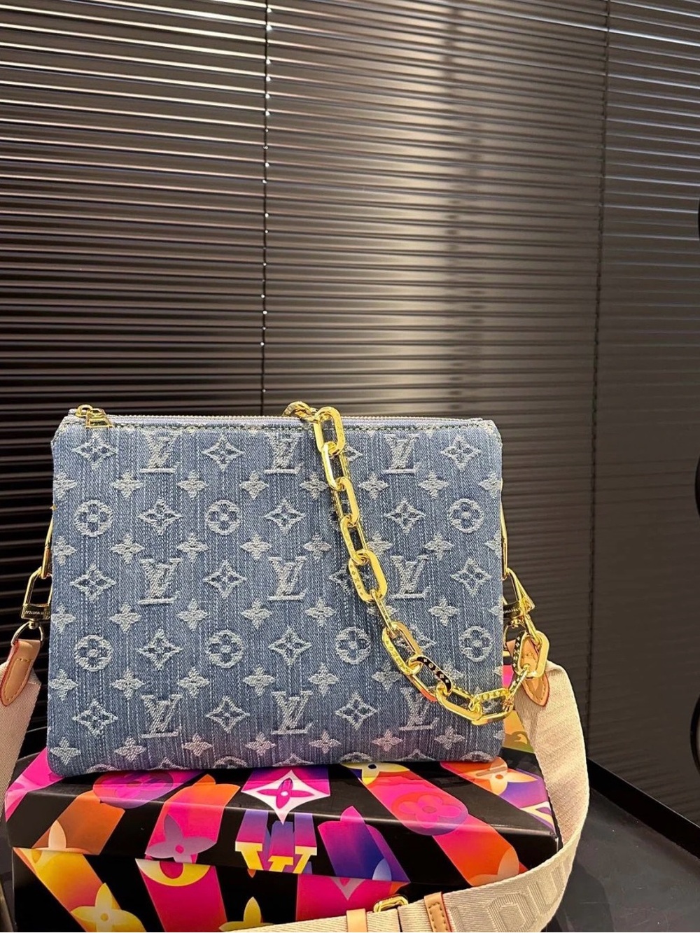 Louis Vuitton Denim Monogram Crossbody Bag with Gold Chain
